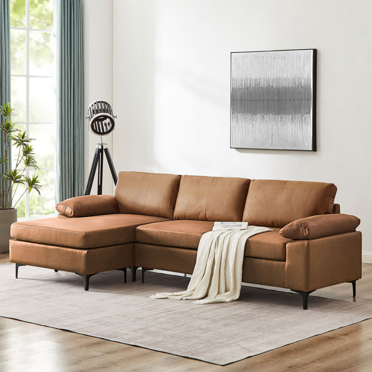 Tan leather deals chaise sofa